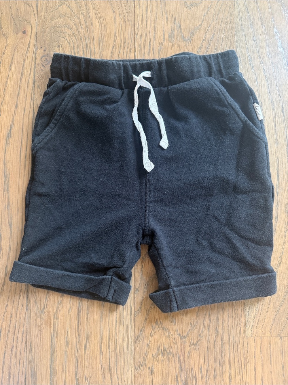 Miles baby Kids Black Drawstring Cotton Shorts with Rolled Hem
